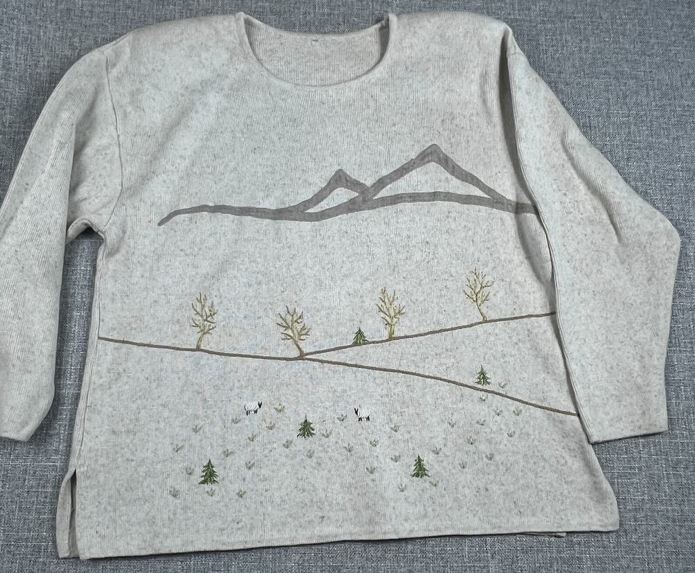 Hand Embroidered Landscape Sweater XXL Sheep Mountain Folk Art Cottagecore